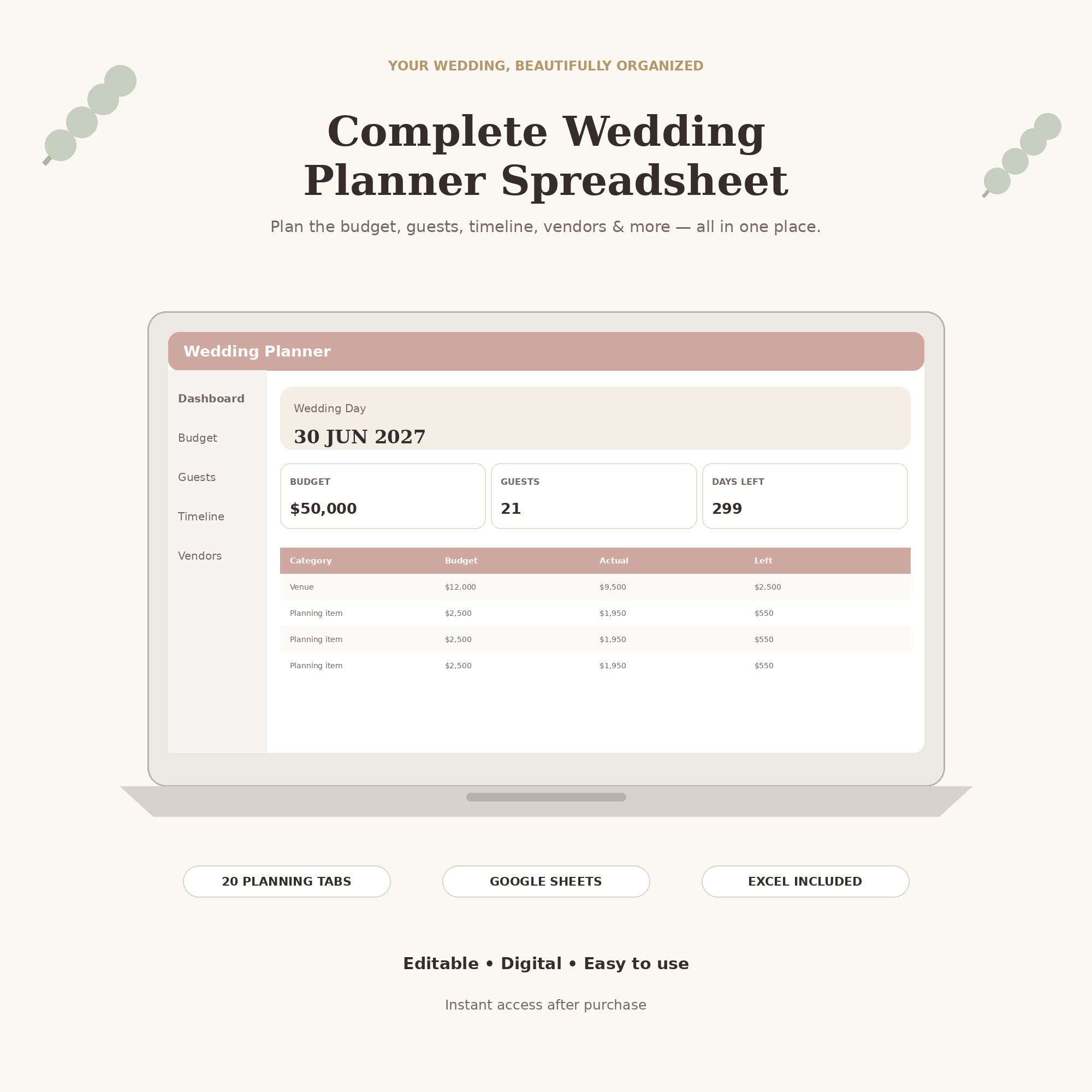 Ultimate Wedding Planner Spreadsheet | Budget, Guest List, Timeline & Seating Plan | Google Sheets + Excel