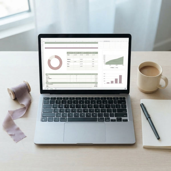 A laptop screen showing a detailed wedding budget spreadsheet on a desk with elegant planning accessories and soft lighting.